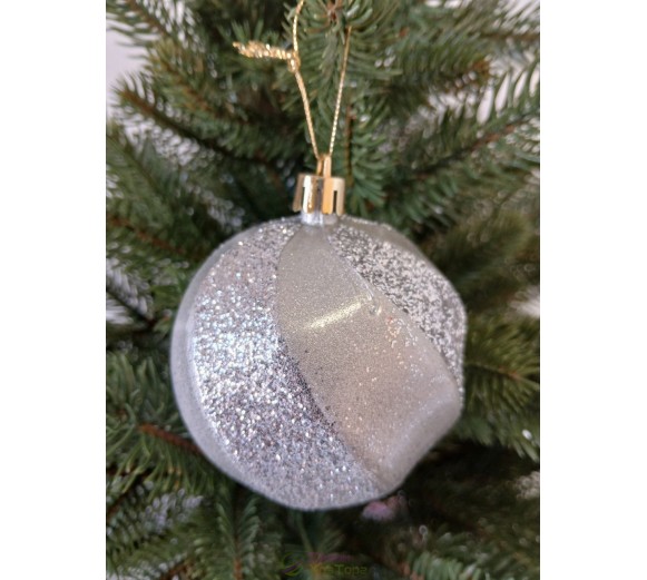 Новорічна куля в блискітках "Хвилька" Ø80мм сіра, ціна за набір 4шт